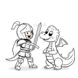 A cute and playful illustration of a childish fight between a knight and a dragon, both depicted in a cartoon style