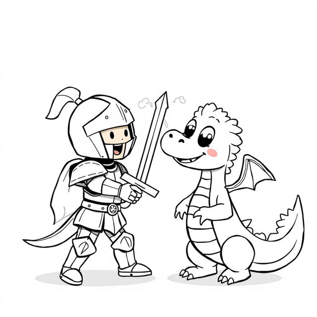 A cute and playful illustration of a childish fight between a knight and a dragon, both depicted in a cartoon style