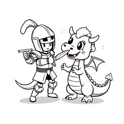 A cute and playful illustration of a childish fight between a knight and a dragon, both depicted in a cartoon style