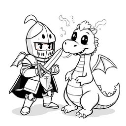 A cute and playful illustration of a childish fight between a knight and a dragon, both depicted in a cartoon style