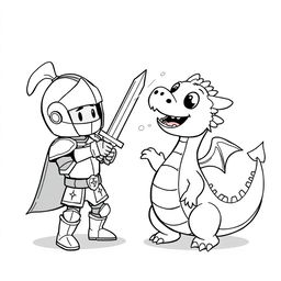 A cute and playful illustration of a childish fight between a knight and a dragon, both depicted in a cartoon style