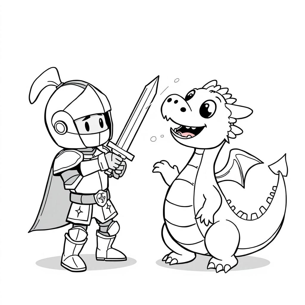 A cute and playful illustration of a childish fight between a knight and a dragon, both depicted in a cartoon style