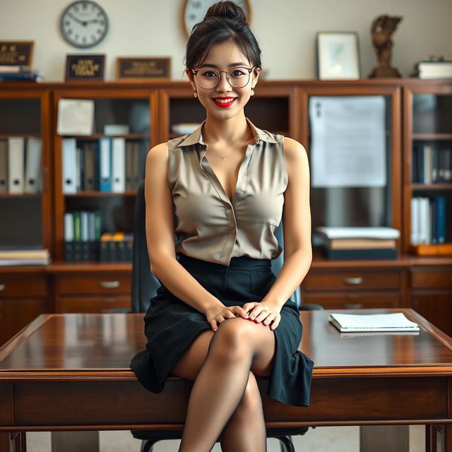 A sexy Korean woman, around 40 years old, exudes allure as she sits on a desk in a school's principal's office