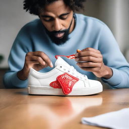 A high-quality real-life photograph of a person actually eating a sneaker