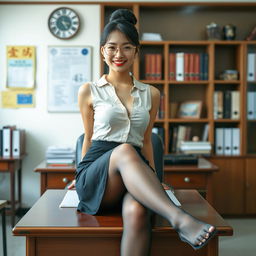A sexy Korean woman, around 40 years old, exudes allure as she sits on a desk in a school's principal's office