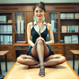 A sexy Korean woman, around 40 years old, exudes allure as she sits on a desk in a school's principal's office