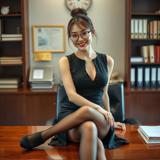 A stunning Korean woman, around 40 years old, exuding seduction as she sits on a desk in a school's principal's office