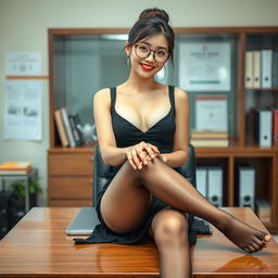 A stunning Korean woman, around 40 years old, exuding seduction as she sits on a desk in a school's principal's office