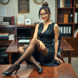 A stunning Korean woman, around 40 years old, exuding seduction as she sits on a desk in a school's principal's office