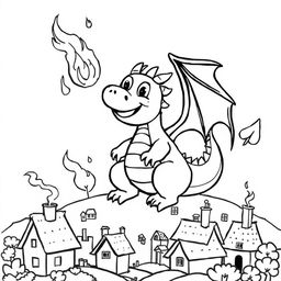 A cute, childish dragon joyfully throwing fire over a small village