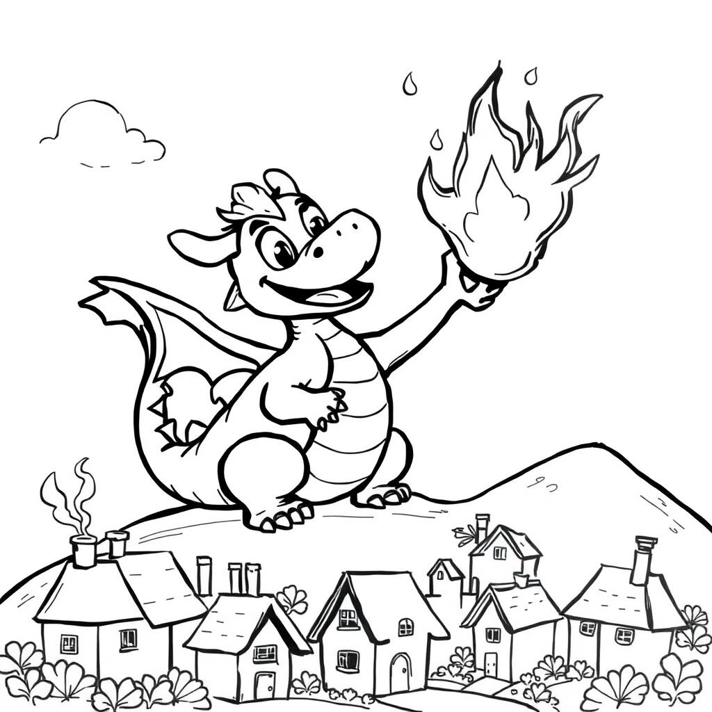 A cute, childish dragon joyfully throwing fire over a small village