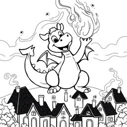 A cute, childish dragon joyfully throwing fire over a small village