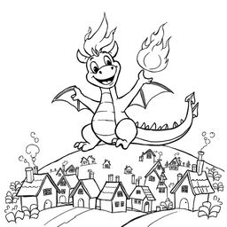 A cute, childish dragon joyfully throwing fire over a small village