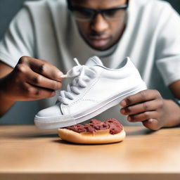 A high-quality real-life photograph of a person actually eating a sneaker