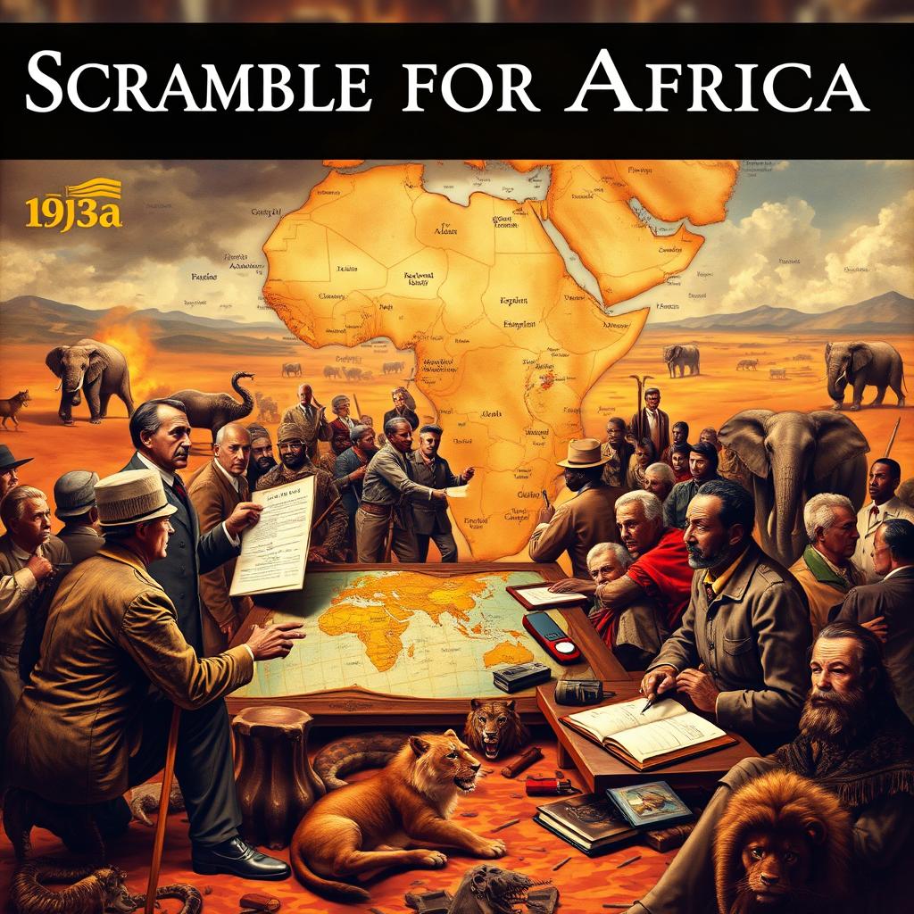 A historical depiction of the Scramble for Africa, showcasing key figures like Cecil Rhodes and King Leopold II, surrounded by maps and territorial disputes in the late 19th century