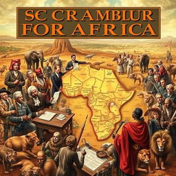 A historical depiction of the Scramble for Africa, showcasing key figures like Cecil Rhodes and King Leopold II, surrounded by maps and territorial disputes in the late 19th century