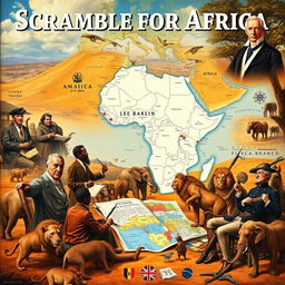 A historical depiction of the Scramble for Africa, showcasing key figures like Cecil Rhodes and King Leopold II, surrounded by maps and territorial disputes in the late 19th century