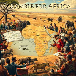 A historical depiction of the Scramble for Africa, showcasing key figures like Cecil Rhodes and King Leopold II, surrounded by maps and territorial disputes in the late 19th century