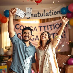 A joyful scene of a young couple celebrating their amazing win of 25 crore in the lottery