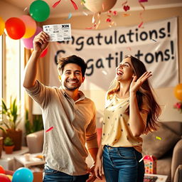 A joyful scene of a young couple celebrating their amazing win of 25 crore in the lottery