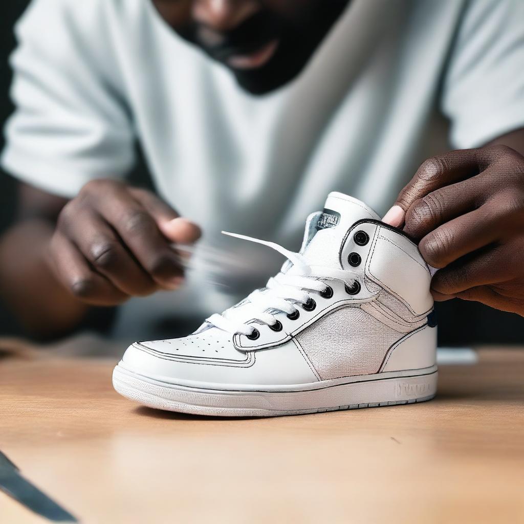 A high-quality real-life photograph of a person actually cutting a sneaker