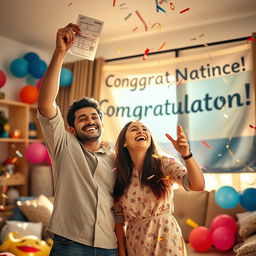 A joyful scene of a young couple celebrating their amazing win of 25 crore in the lottery