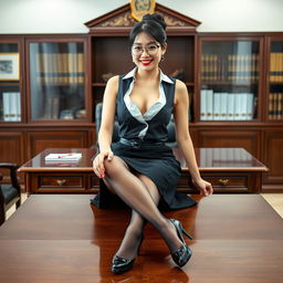 A seductive Korean woman, around 40 years old, sits confidently on a desk in a school's principal's office