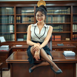 A seductive Korean woman, around 40 years old, sits confidently on a desk in a school's principal's office