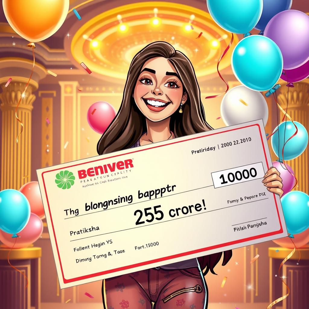 An illustration of a jubilant woman named Pratiksha holding a giant lottery check for 25 crore