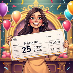 An illustration of a jubilant woman named Pratiksha holding a giant lottery check for 25 crore