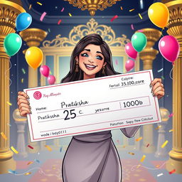 An illustration of a jubilant woman named Pratiksha holding a giant lottery check for 25 crore