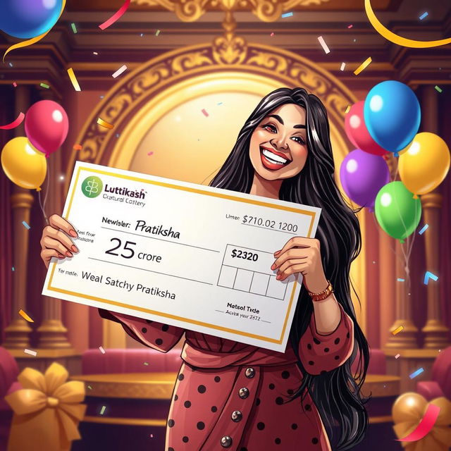 An illustration of a jubilant woman named Pratiksha holding a giant lottery check for 25 crore