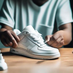 A high-quality real-life photograph of a person actually cutting a sneaker