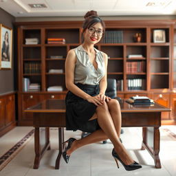A captivating Korean woman, approximately 40 years old, radiates seduction as she sits on a desk in a school's principal's office