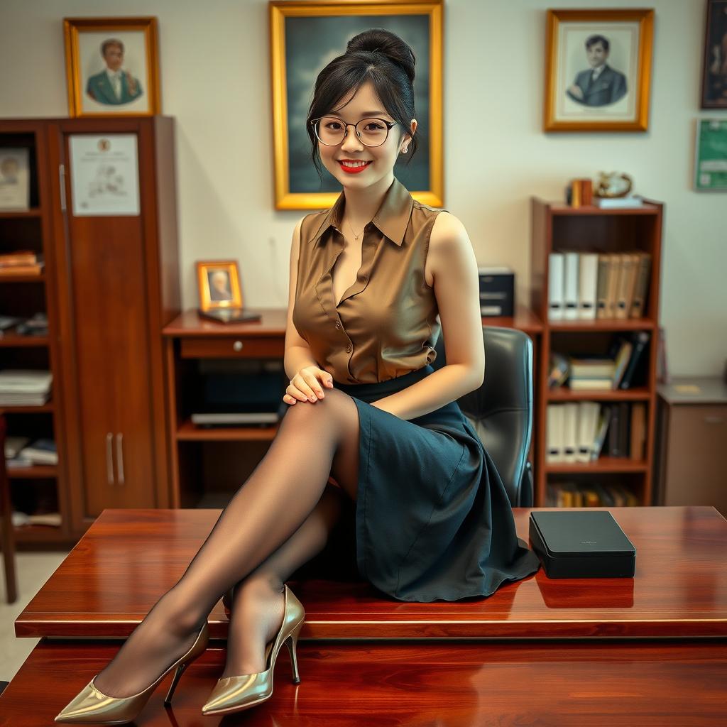 A captivating Korean woman, approximately 40 years old, radiates seduction as she sits on a desk in a school's principal's office
