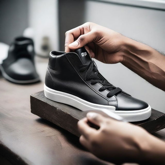 A high-quality real-life photograph of a person actually cutting a sneaker