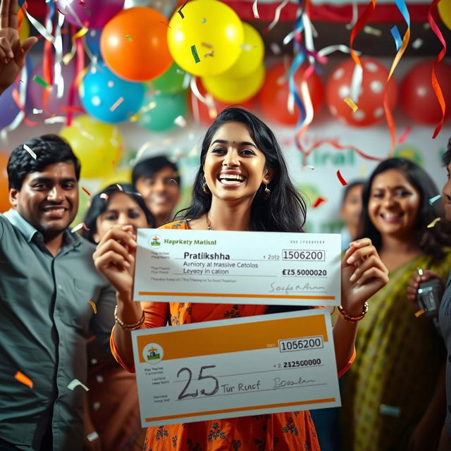 A jubilant young woman named Pratiksha celebrating her massive lottery win of 25 crore, with confetti falling around her and a large check in her hands