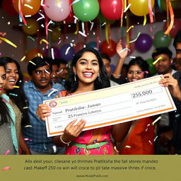 A jubilant young woman named Pratiksha celebrating her massive lottery win of 25 crore, with confetti falling around her and a large check in her hands