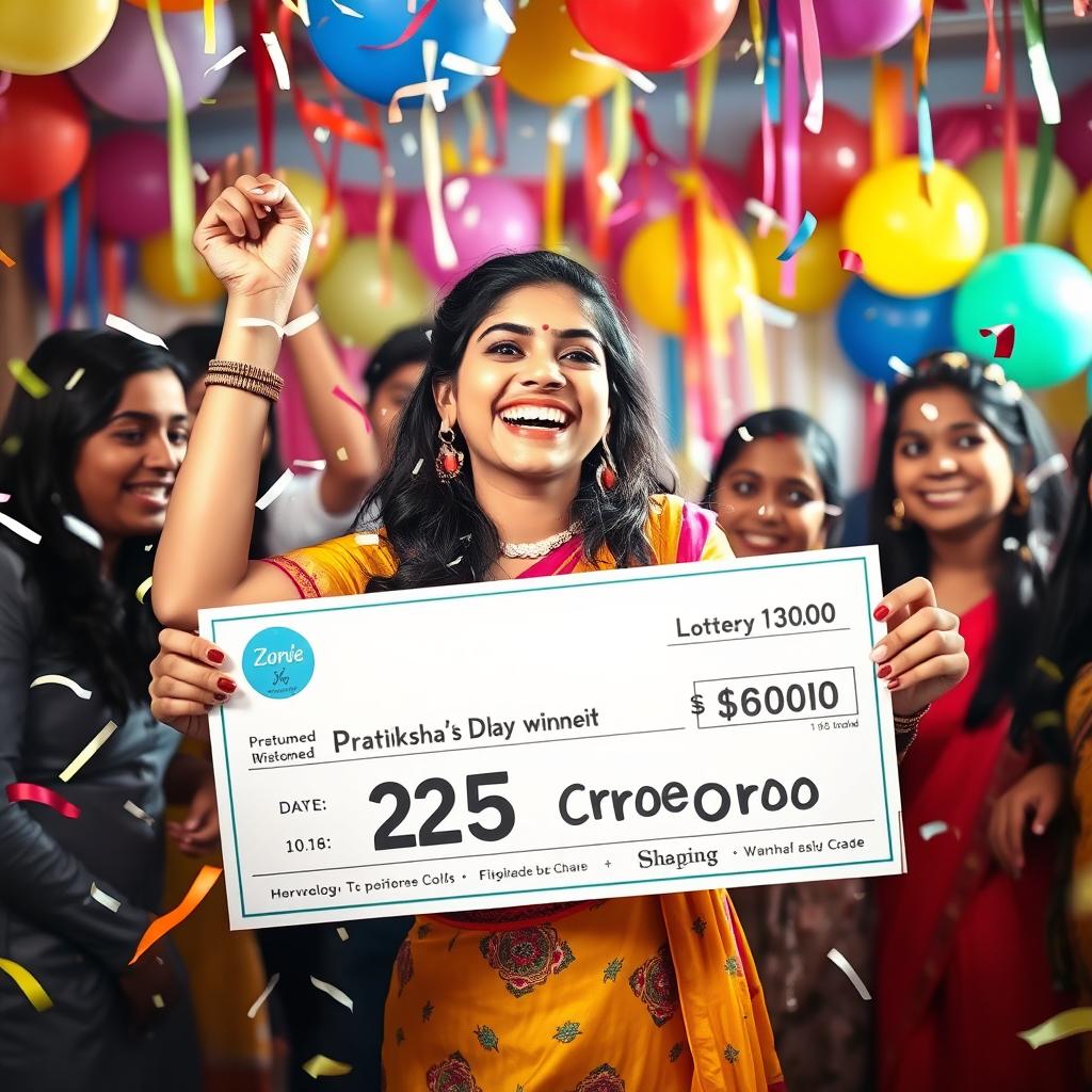 A jubilant young woman named Pratiksha celebrating her massive lottery win of 25 crore, with confetti falling around her and a large check in her hands