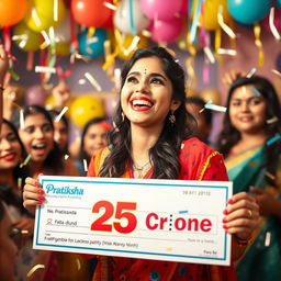 A jubilant young woman named Pratiksha celebrating her massive lottery win of 25 crore, with confetti falling around her and a large check in her hands