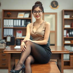 A stunning Korean woman, approximately 40 years old, enchants the viewer as she sits on a desk in a school's principal's office
