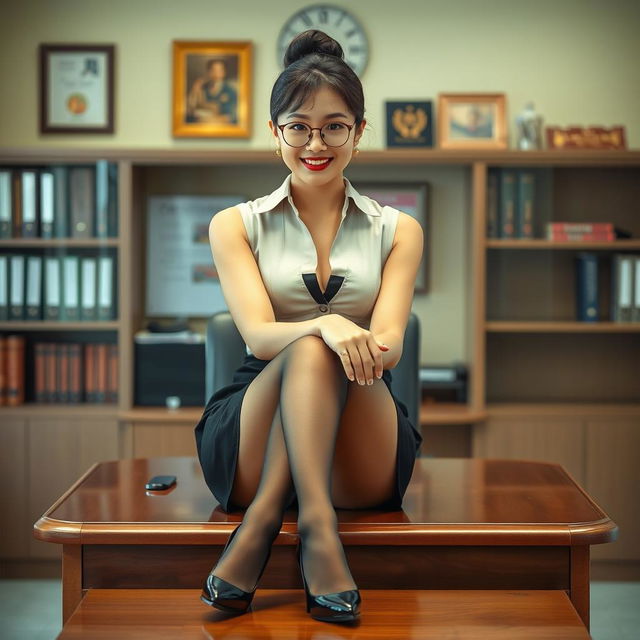 A stunning Korean woman, approximately 40 years old, enchants the viewer as she sits on a desk in a school's principal's office