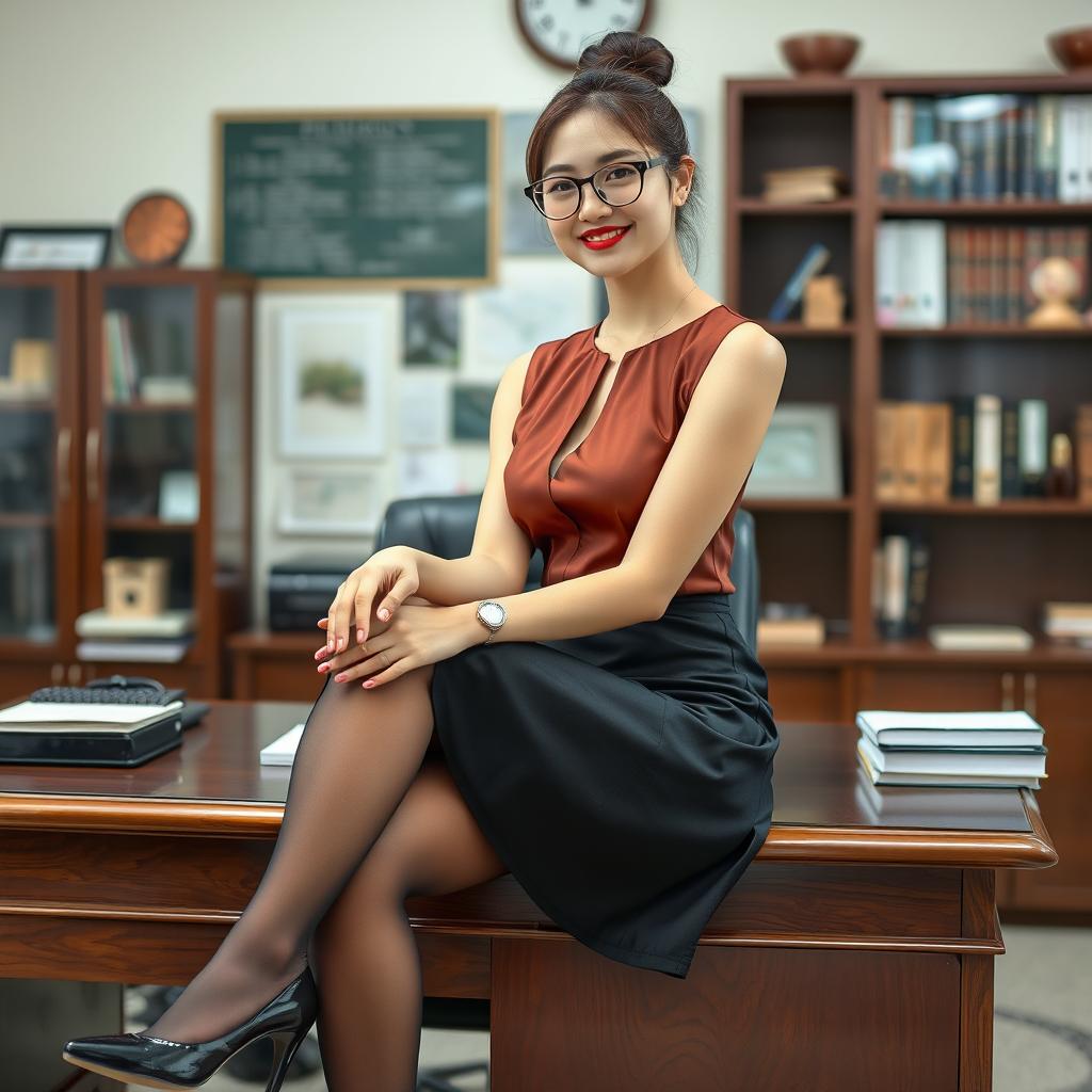 A stunning Korean woman, approximately 40 years old, enchants the viewer as she sits on a desk in a school's principal's office