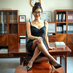 A stunning Korean woman, approximately 40 years old, enchants the viewer as she sits on a desk in a school's principal's office