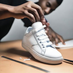 A high-quality real-life photograph of a person actually cutting a sneaker