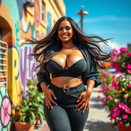 A stunning, curvaceous woman posing confidently in a stylish outfit that accentuates her voluptuous figure, showcasing she has larger breasts, in a bright and colorful urban setting