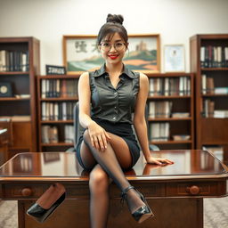 A glamorous Korean woman, around 40 years old, exudes allure as she sits on a desk in a school's principal's office