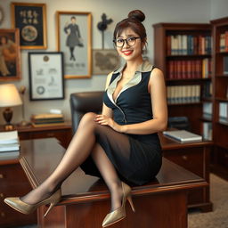 A glamorous Korean woman, around 40 years old, exudes allure as she sits on a desk in a school's principal's office