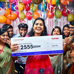 A jubilant young woman named Pratiksha Prajith celebrating her massive lottery win of 25 crore, with confetti falling around her and a large check in her hands