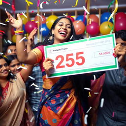 A jubilant young woman named Pratiksha Prajith celebrating her massive lottery win of 25 crore, with confetti falling around her and a large check in her hands